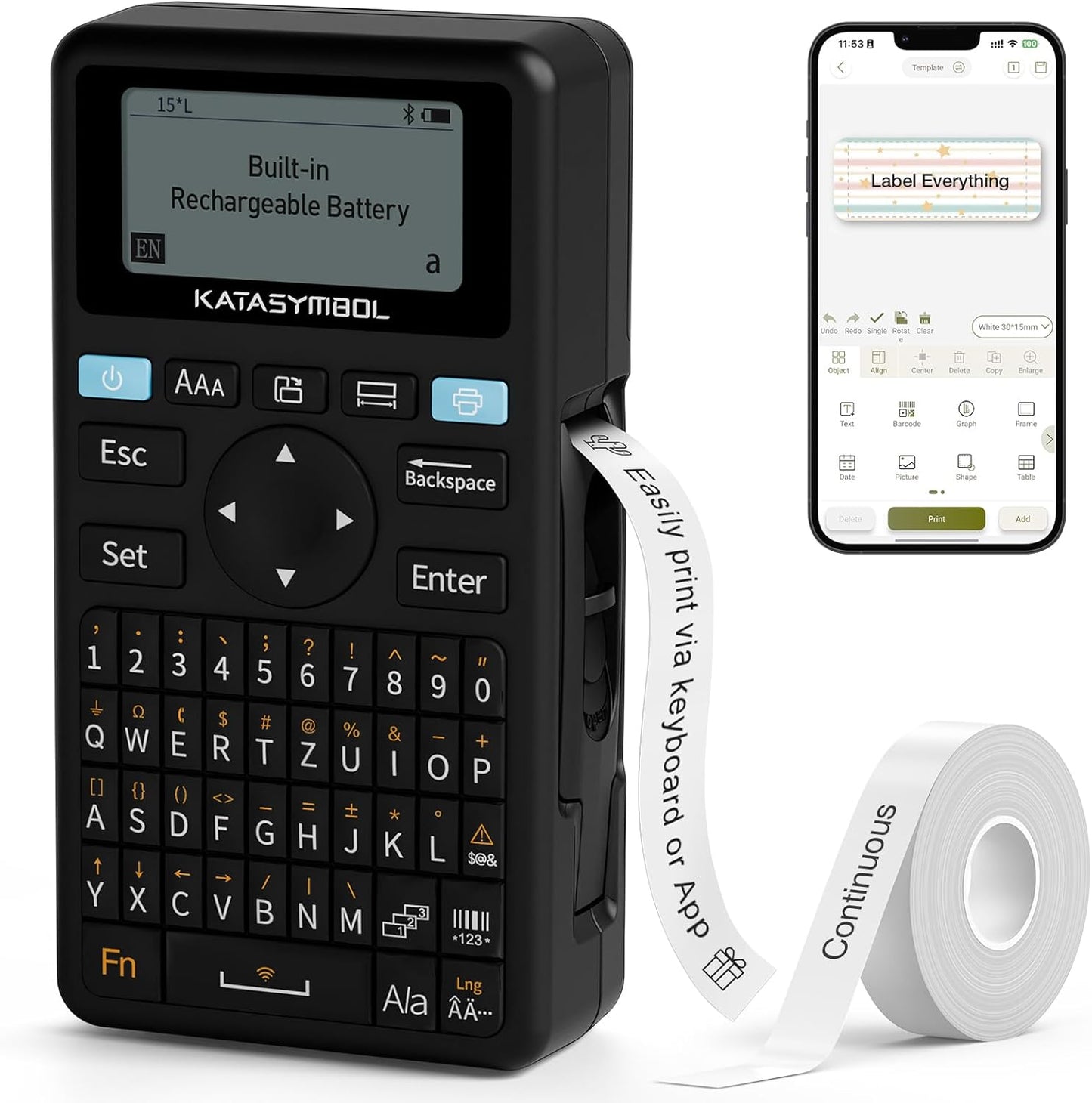 SUPVAN E11 Bluetooth Label Maker Machine with Tape, Support Keyboard & App with 30+ Fonts and 660+ Icons, Rechargeable Inkless Labeler for Home, Kitchen, Office, School, Organization, Black