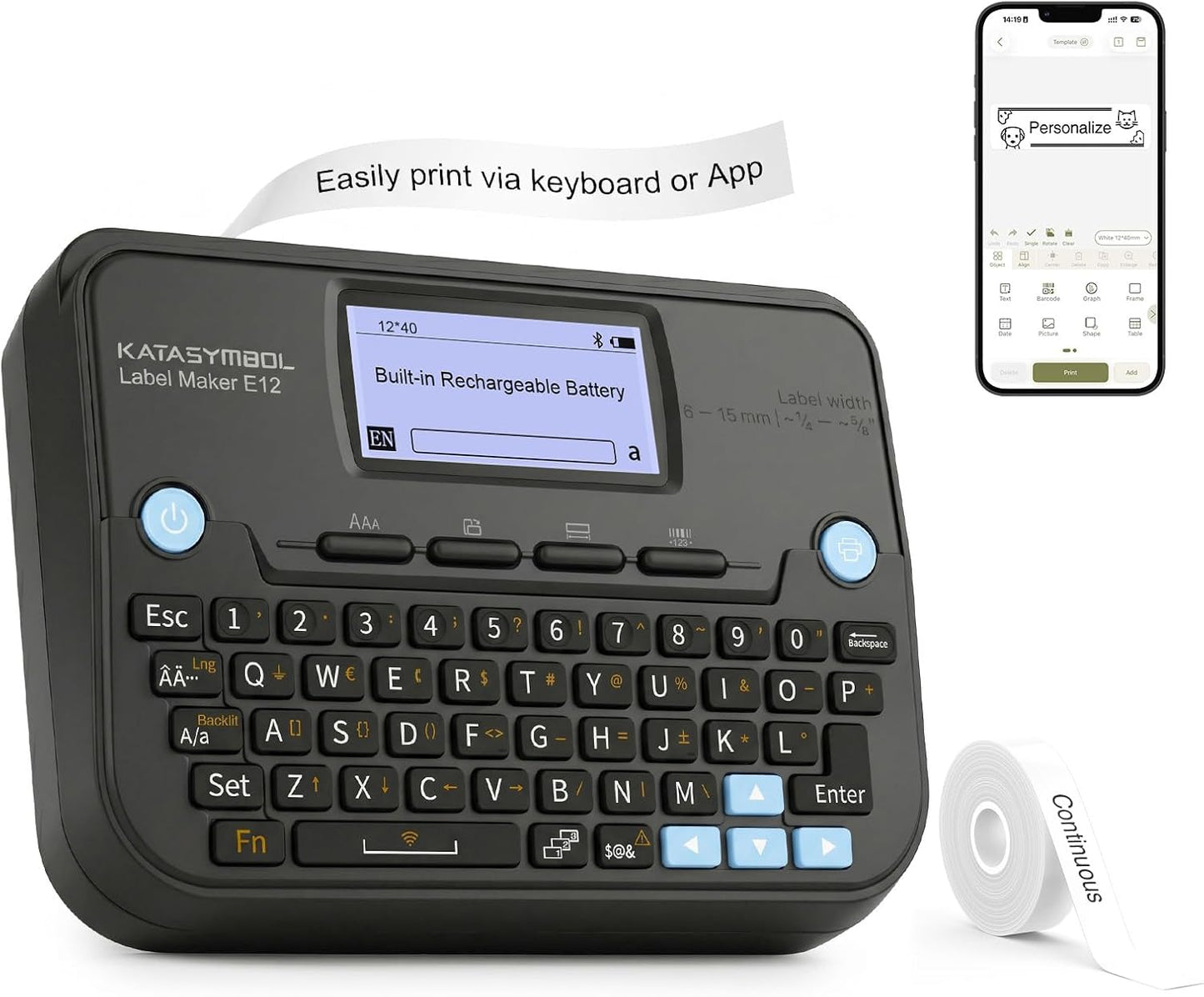 SUPVAN E12 Bluetooth Label Maker Machine with 4 Tapes, Support Keyboard & App with 30+ Fonts and 660+ Icons, Rechargeable Inkless Labeler for Office, Home, Kitchen, School, Organization, White