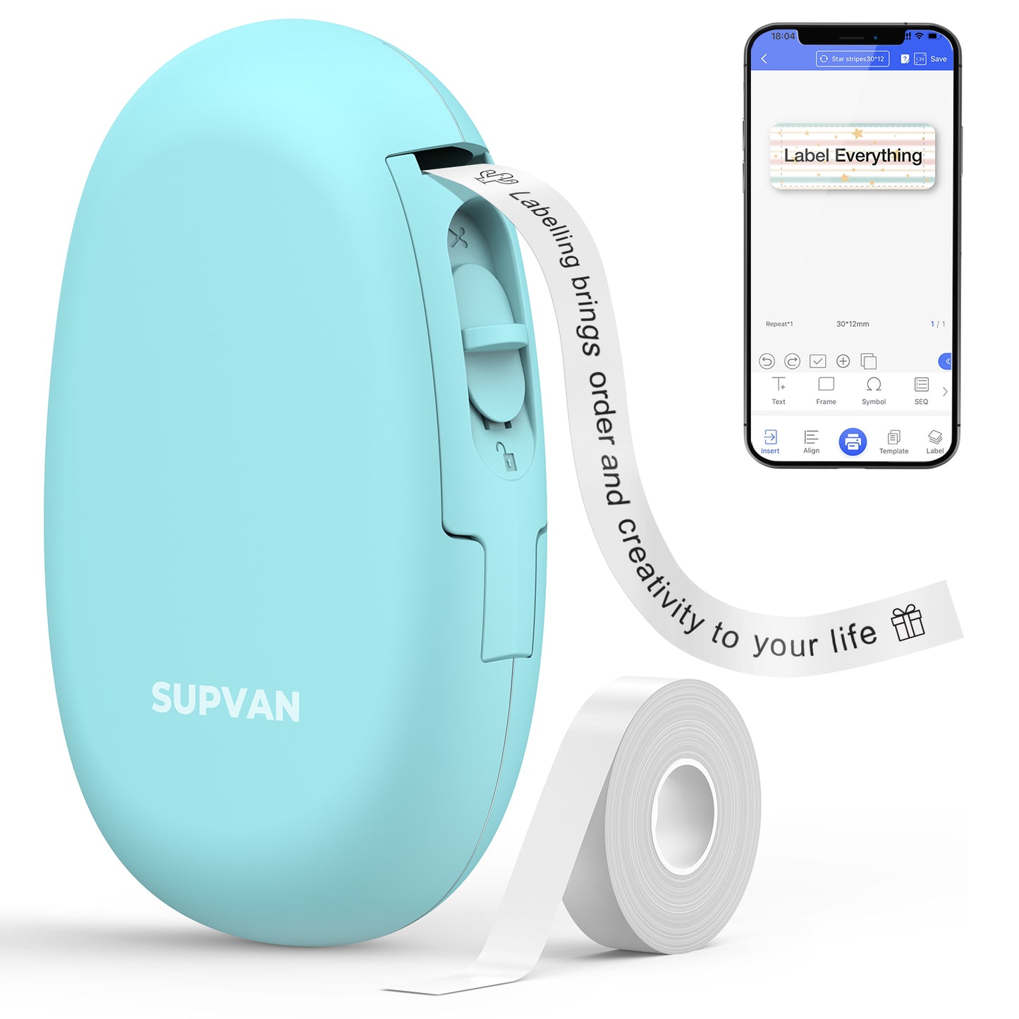 SUPVAN E10 Bluetooth Label Maker Machine with Tape, Continuous Waterproof Label, Versatile App with 35 Fonts and 1k+ Icons, Inkless Labeler for Home, Kitchen, School, Office Organization, Teal