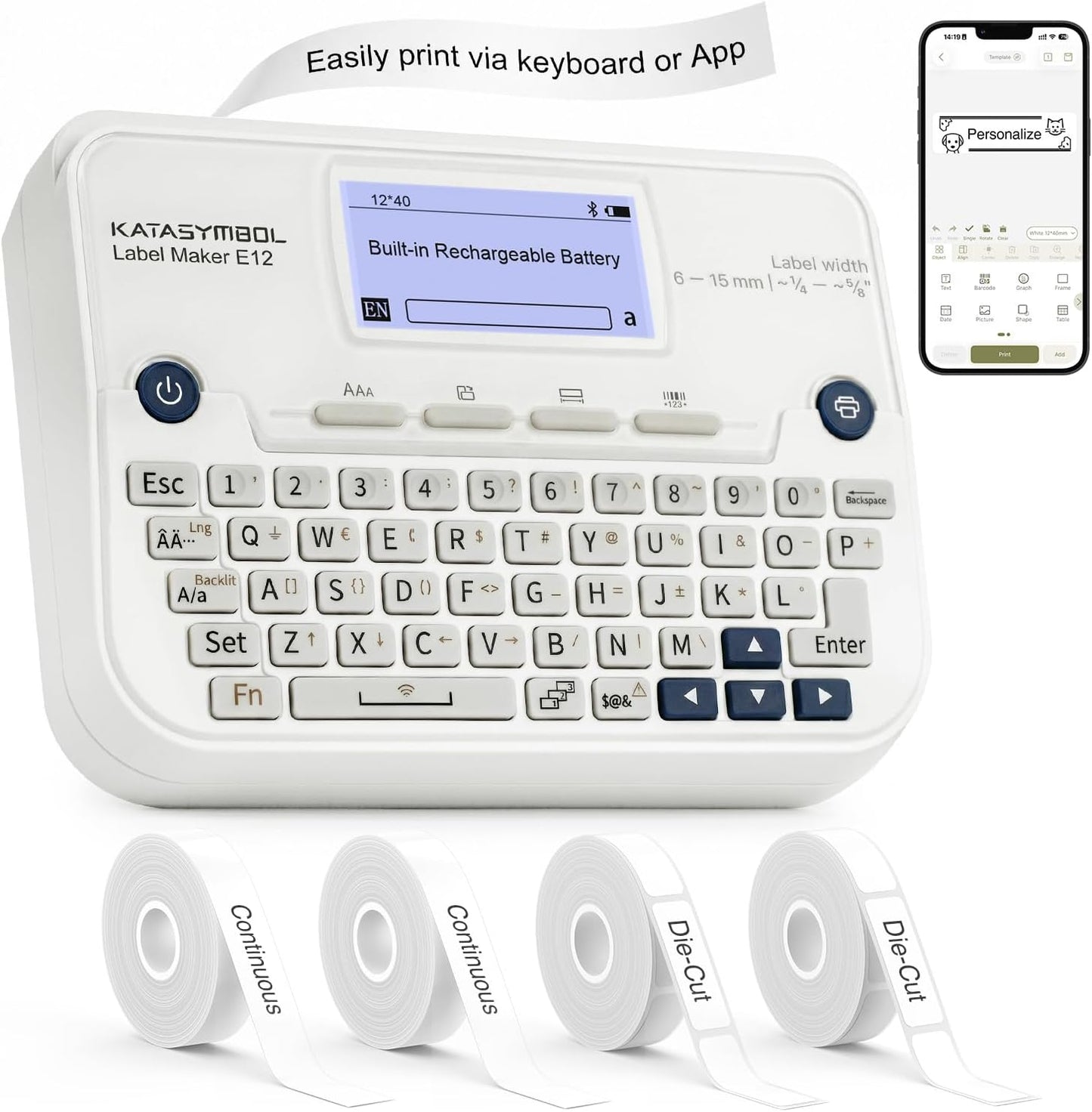 SUPVAN E12 Bluetooth Label Maker Machine with 4 Tapes, Support Keyboard & App with 30+ Fonts and 660+ Icons, Rechargeable Inkless Labeler for Office, Home, Kitchen, School, Organization, White