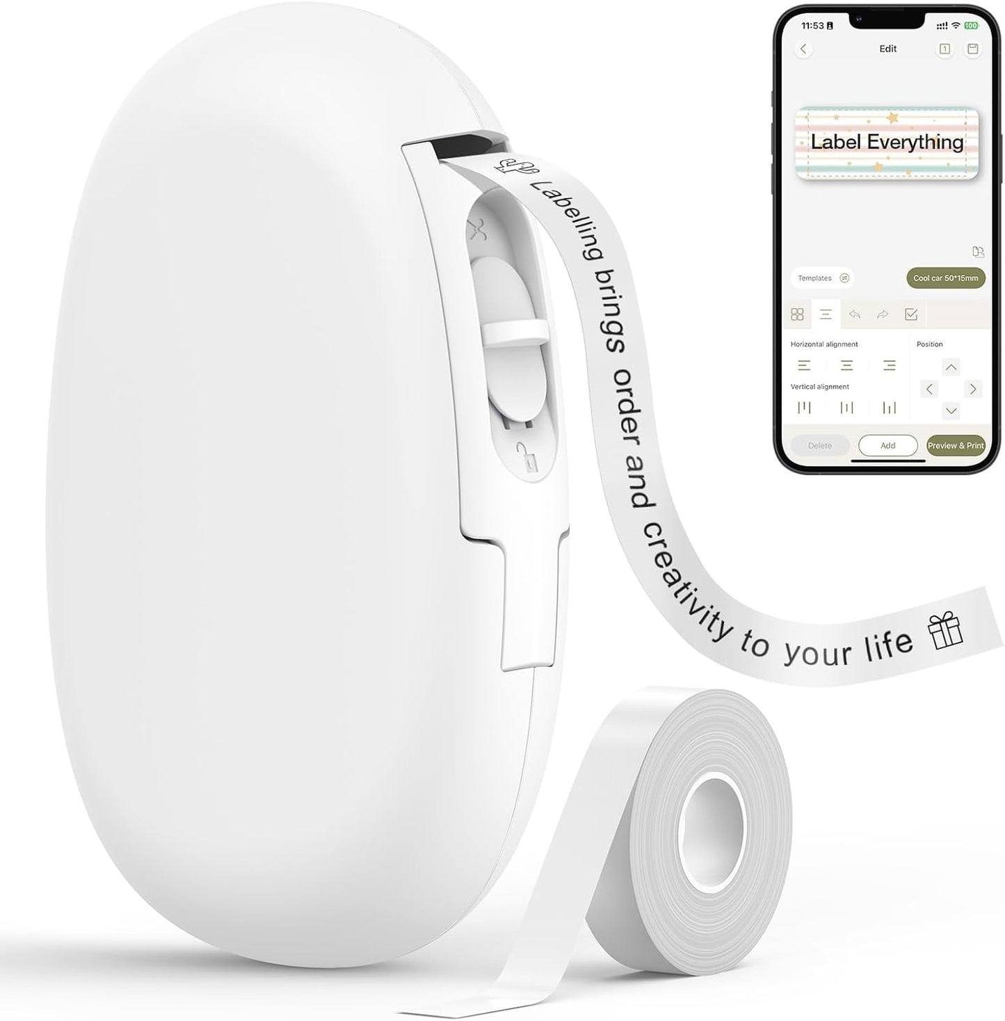 SUPVAN E10 Bluetooth Label Maker Machine with Tape, Continuous Waterproof Label, Versatile App with 30+ Fonts and 660+ Icons, Inkless Labeler for Home, Kitchen, School, Office Organization, White