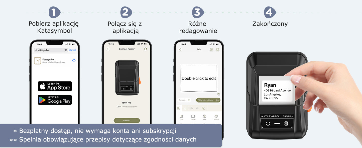SUPVAN T50M Pro drukarka etykiet, samoprzylepna drukarka etykiet z 1 rolką wodoodpornych etykiet, termiczna drukarka etykiet samoprzylepnych, inteligentna aplikacja 34+ czcionki 450+ ikony