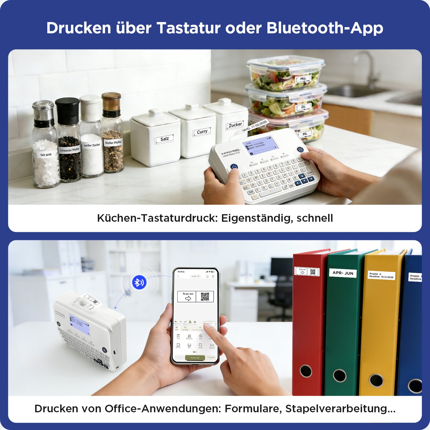 SUPVAN E12 Etikettendrucker, mit QWERTZ Tastatur und Beleuchtetem Grafikdisplay, 4 Rollen Wasserfester Etiketten Selbstklebend für Büro, Schule & Zuhause, Weiß