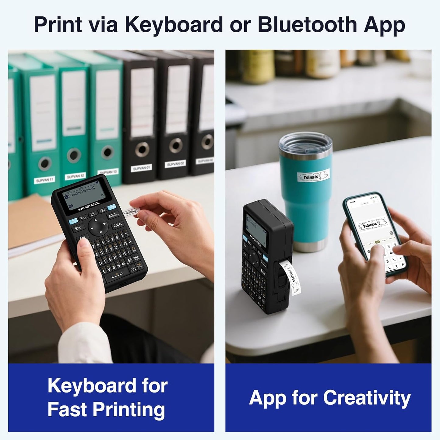 SUPVAN E11 Bluetooth Label Maker Machine with Tape, Support Keyboard & App with 30+ Fonts and 660+ Icons, Rechargeable Inkless Labeler for Home, Kitchen, Office, School, Organization, Black