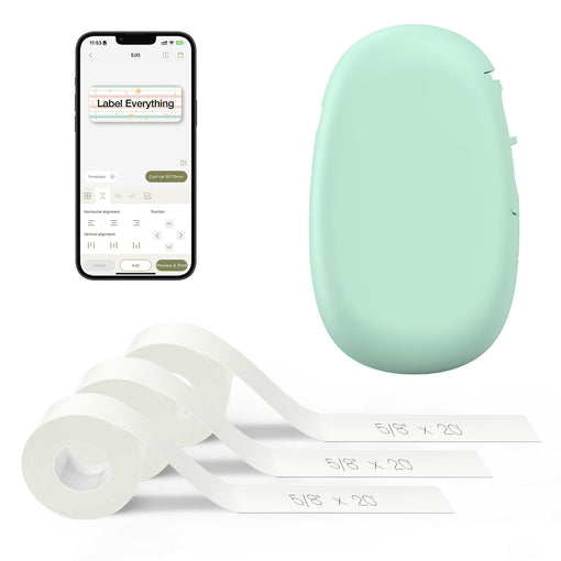 SUPVAN E10 Bluetooth Label Maker Machine with 3 Tapes, Continuous Waterproof Label, Versatile App with 30+ Fonts and 660+ Icons, Inkless Labeler for Home, Kitchen, School, Office Organization, Green