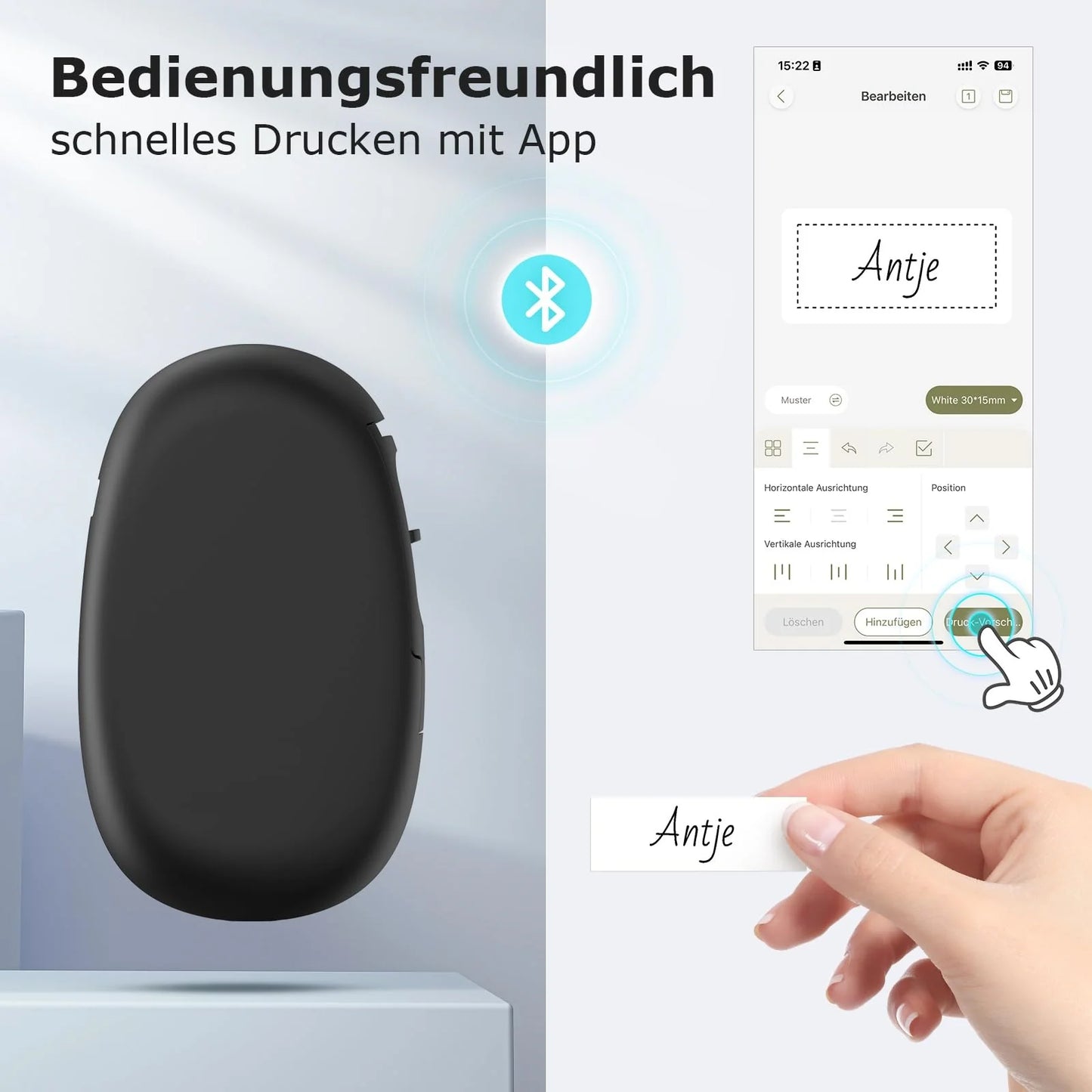 SUPVAN E10 Etikettendrucker mit wasserdichte Etiketten selbstklebend (15 mm x 6 m), tragbares Etikettiergerät Bluetooth geeignet für das Home-School-Büro, schwarz