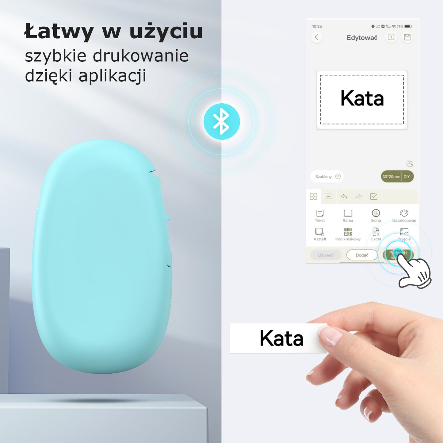 SUPVAN Drukarka Etykiet Bluetooth E10, Samoprzylepna Drukarka Etykiet, Drukarka Termiczna kompatybilna z systemem iOS Android, do domu, biura i małych firm, Cyjan