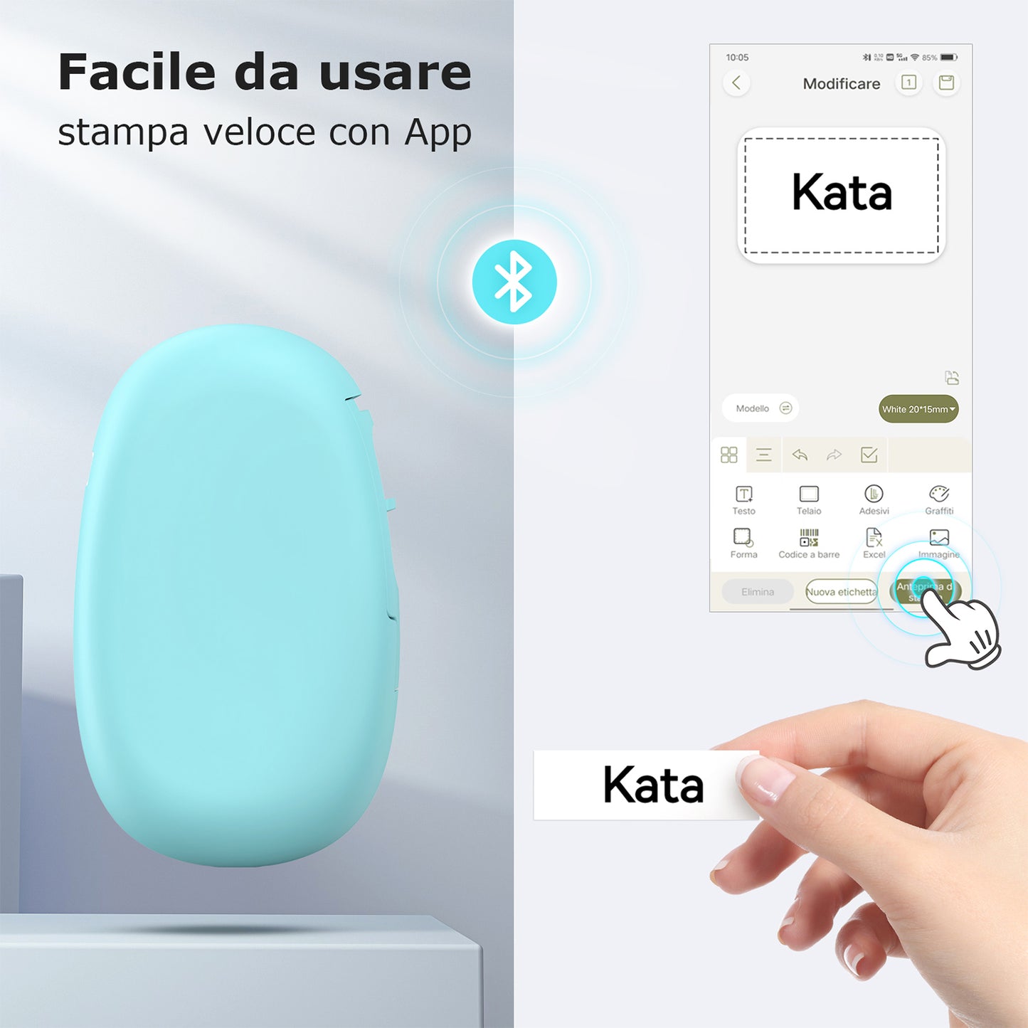 SUPVAN E10 Mini Etichettatrice Bluetooth, Etichette Adesive Impermeabili, App con 40+ Caratteri e 600+ Icone, Stampante Etichette Adesive per Casa, Cucina, Scuola, Ufficio, Verde Acqua