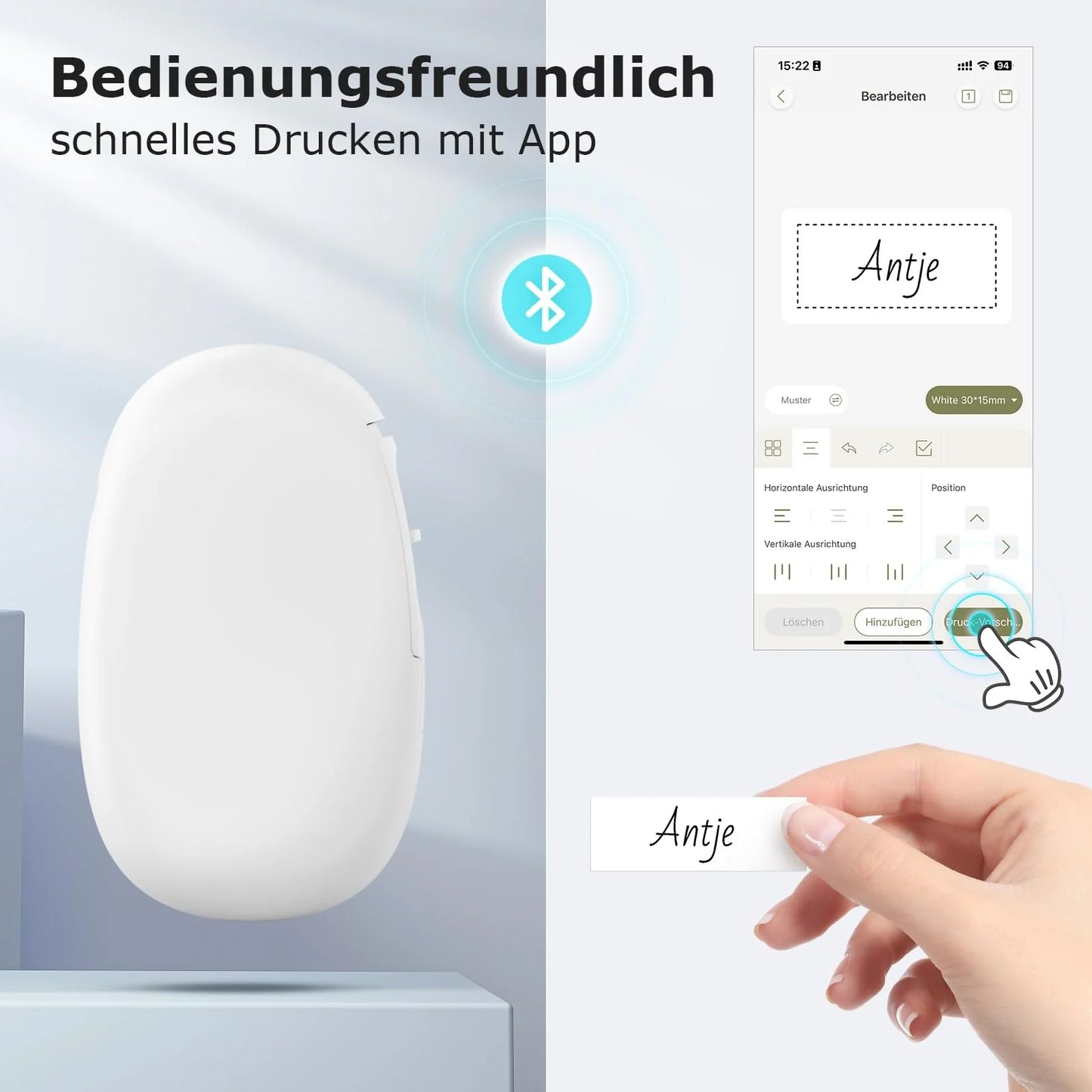 SUPVAN E10 Etikettendrucker mit wasserdichte Etiketten selbstklebend (15 mm x 6 m), tragbares Etikettiergerät Bluetooth geeignet für das Home-School-Büro, weiß
