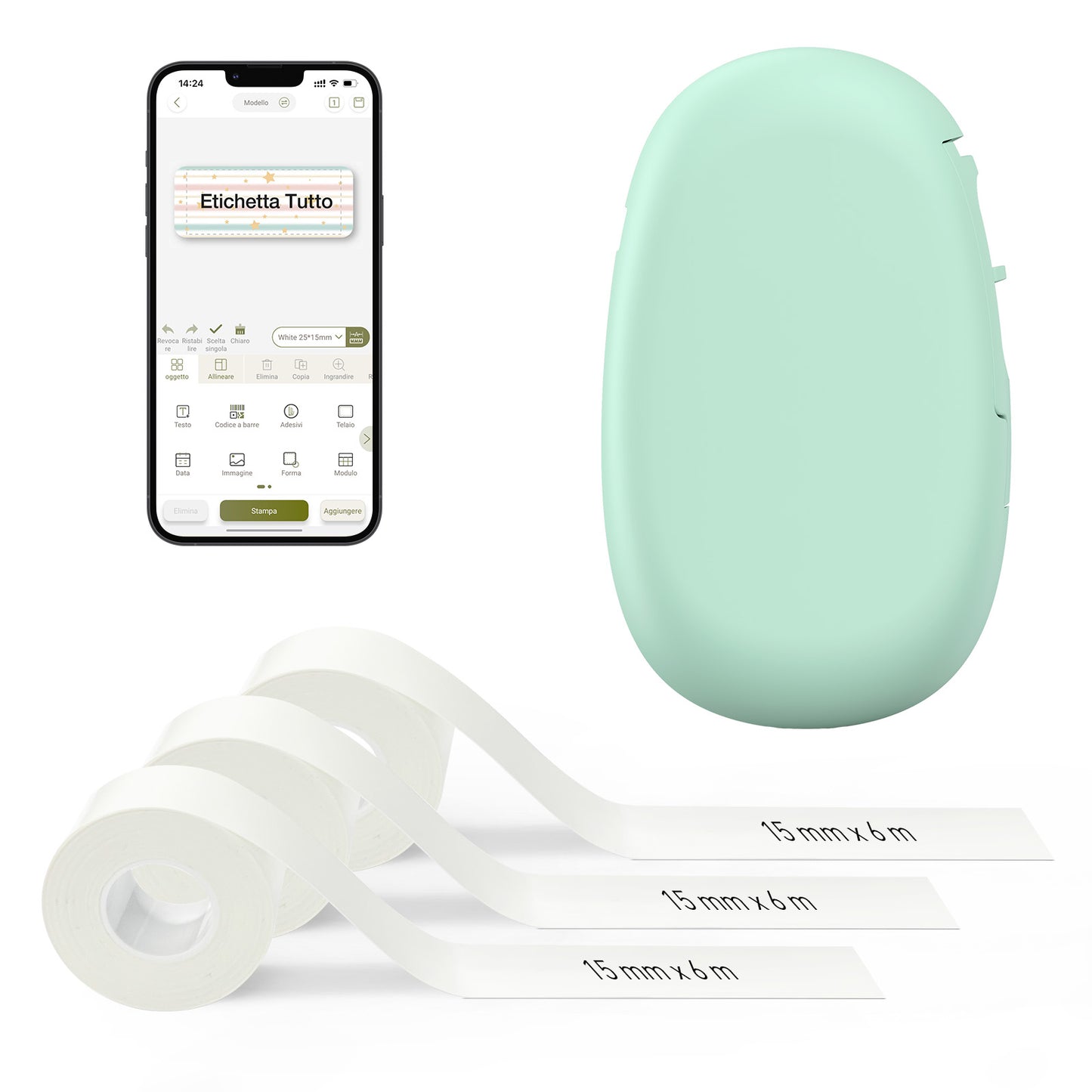 SUPVAN E10 Mini Etichettatrice Bluetooth con 3 Nastri, Etichette Adesive Impermeabili, App con 40+ Caratteri e 600+ Icone, Stampante Etichette Adesive per Casa, Cucina, Scuola, Ufficio, Verde