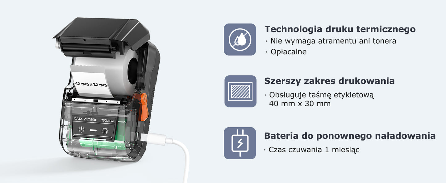 SUPVAN T50M Pro drukarka etykiet, samoprzylepna drukarka etykiet z 1 rolką wodoodpornych etykiet, termiczna drukarka etykiet samoprzylepnych, inteligentna aplikacja 34+ czcionki 450+ ikony