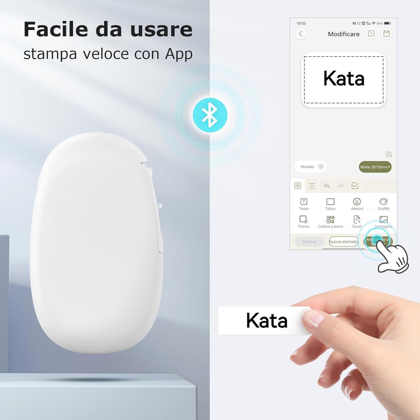 SUPVAN Stampante di Etichette - E10 Bluetooth Portatile Etichettatrice per iOS & Android, Etichettatrice Etichette Adesive con 1 Rotolo di Etichette, Bianco