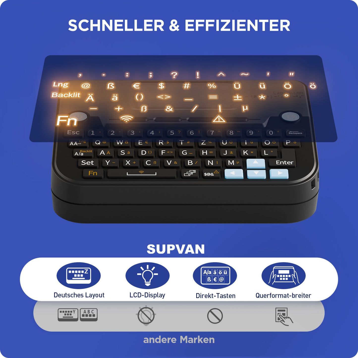 SUPVAN E12 Etikettendrucker, mit QWERTZ Tastatur und Beleuchtetem Grafikdisplay, 4 Rollen Wasserfester Etiketten Selbstklebend für Büro, Schule & Zuhause, Schwarz