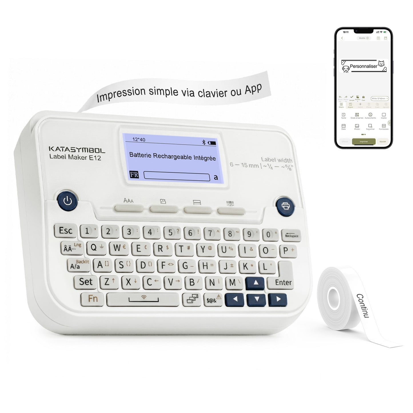 SUPVAN E12 Etiqueteuse,avec Clavier QWERTY, Écran Graphique Rétroéclairé, inclut 1 Rouleaux d'Étiquettes Étanches Autocollantes, pour la Maison, Le Bureau et l'école, Blanc