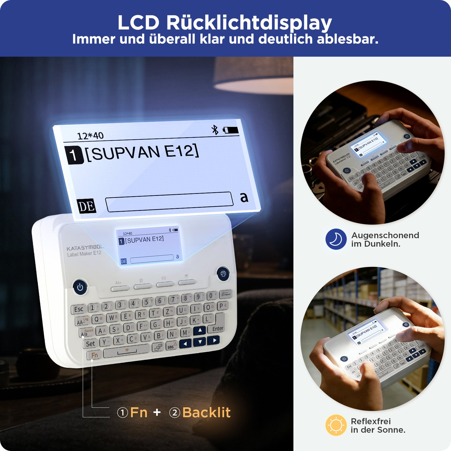 SUPVAN E12 Etikettendrucker, mit QWERTZ Tastatur und Beleuchtetem Grafikdisplay, 4 Rollen Wasserfester Etiketten Selbstklebend für Büro, Schule & Zuhause, Weiß
