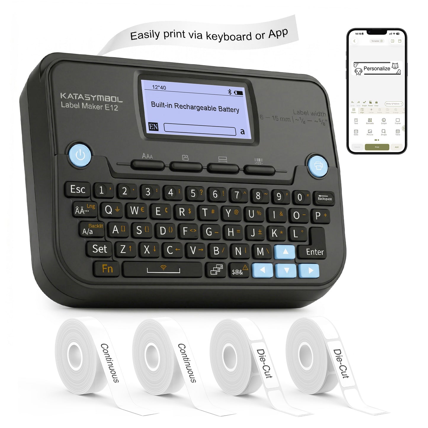 SUPVAN E12 Bluetooth Label Maker Machine with 4 Tapes, Support Keyboard & App with 30+ Fonts and 660+ Icons, Rechargeable Inkless Labeler for Office, Home, Kitchen, School, Organization, Black