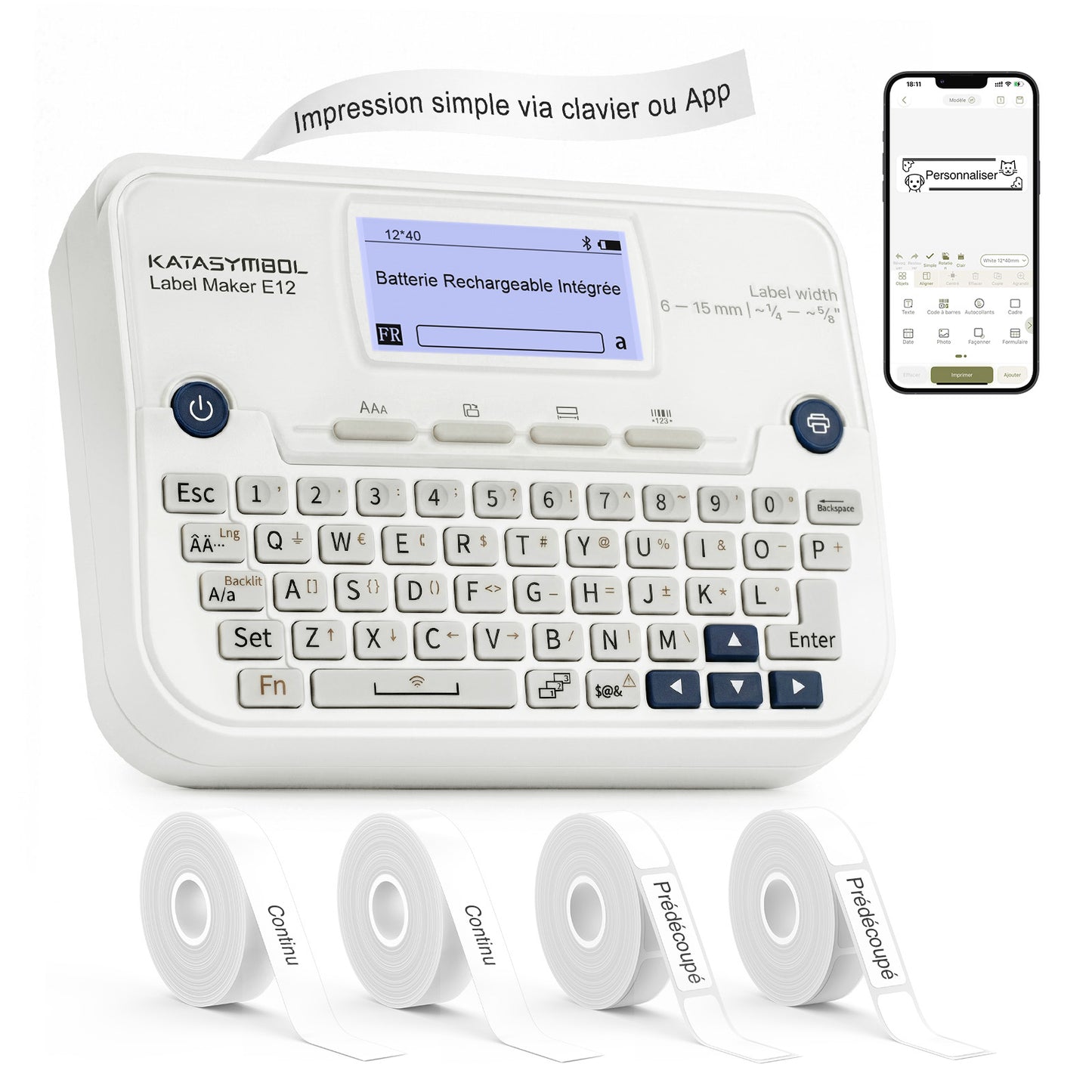 SUPVAN E12 Etiqueteuse,avec Clavier QWERTY, Écran Graphique Rétroéclairé, inclut 4 Rouleaux d'Étiquettes Étanches Autocollantes, pour la Maison, Le Bureau et l'école, Blanc