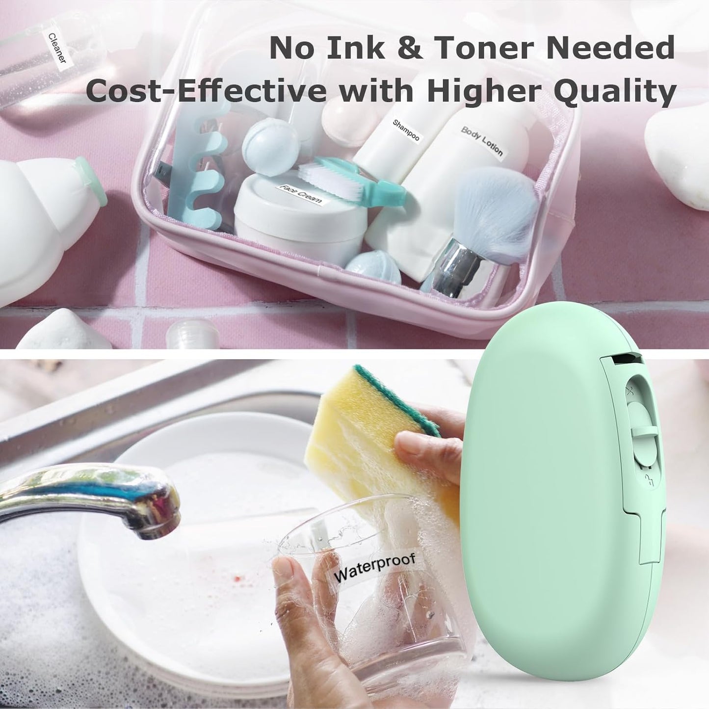 SUPVAN E10 Bluetooth Label Maker Machine with 3 Tapes, Continuous Waterproof Label, Versatile App with 30+ Fonts and 660+ Icons, Inkless Labeler for Home, Kitchen, School, Office Organization, Green