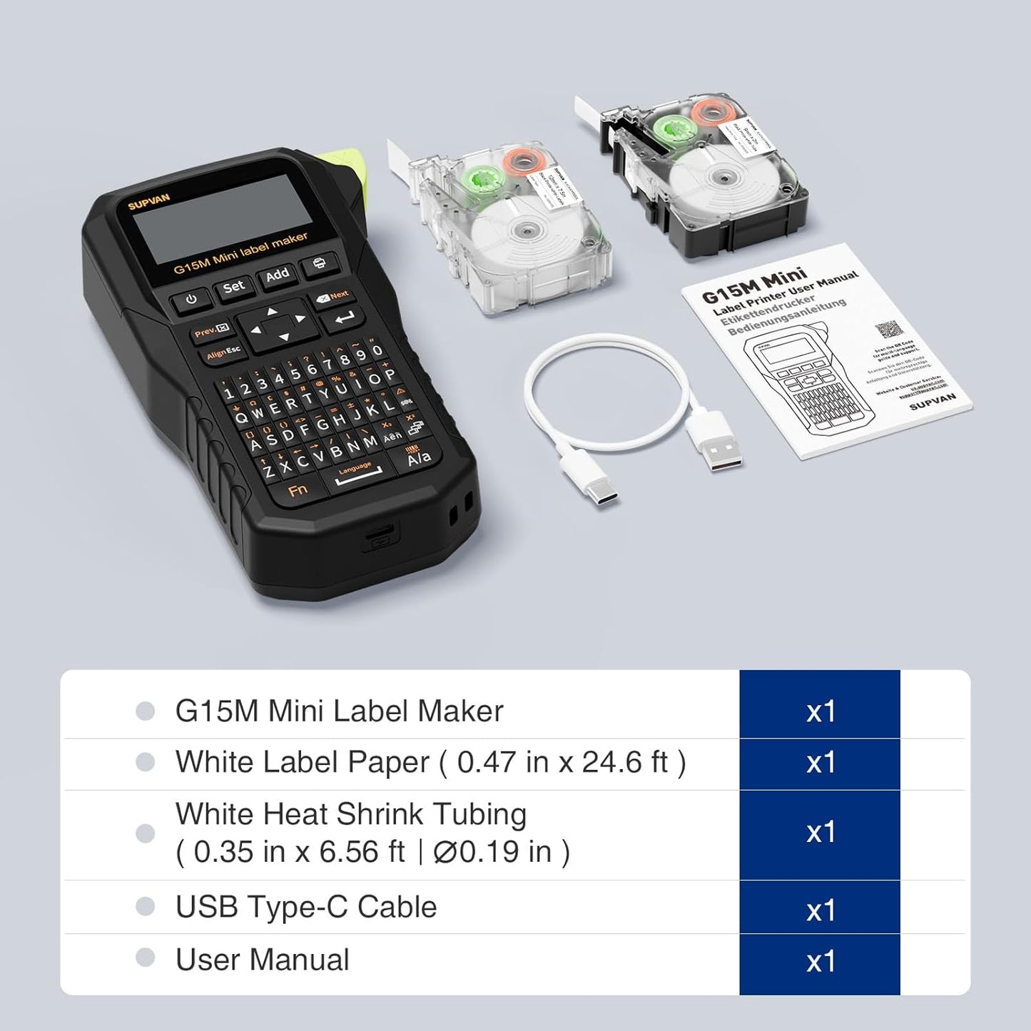 SUPVAN G15M Mini Portable Label Maker Machine with 4 Tapes, Rechargeable 1200mAh Battery Thermal Transfer Printer, Compatible with Multi-Type Label, Home, Garage, Office & Outdoor