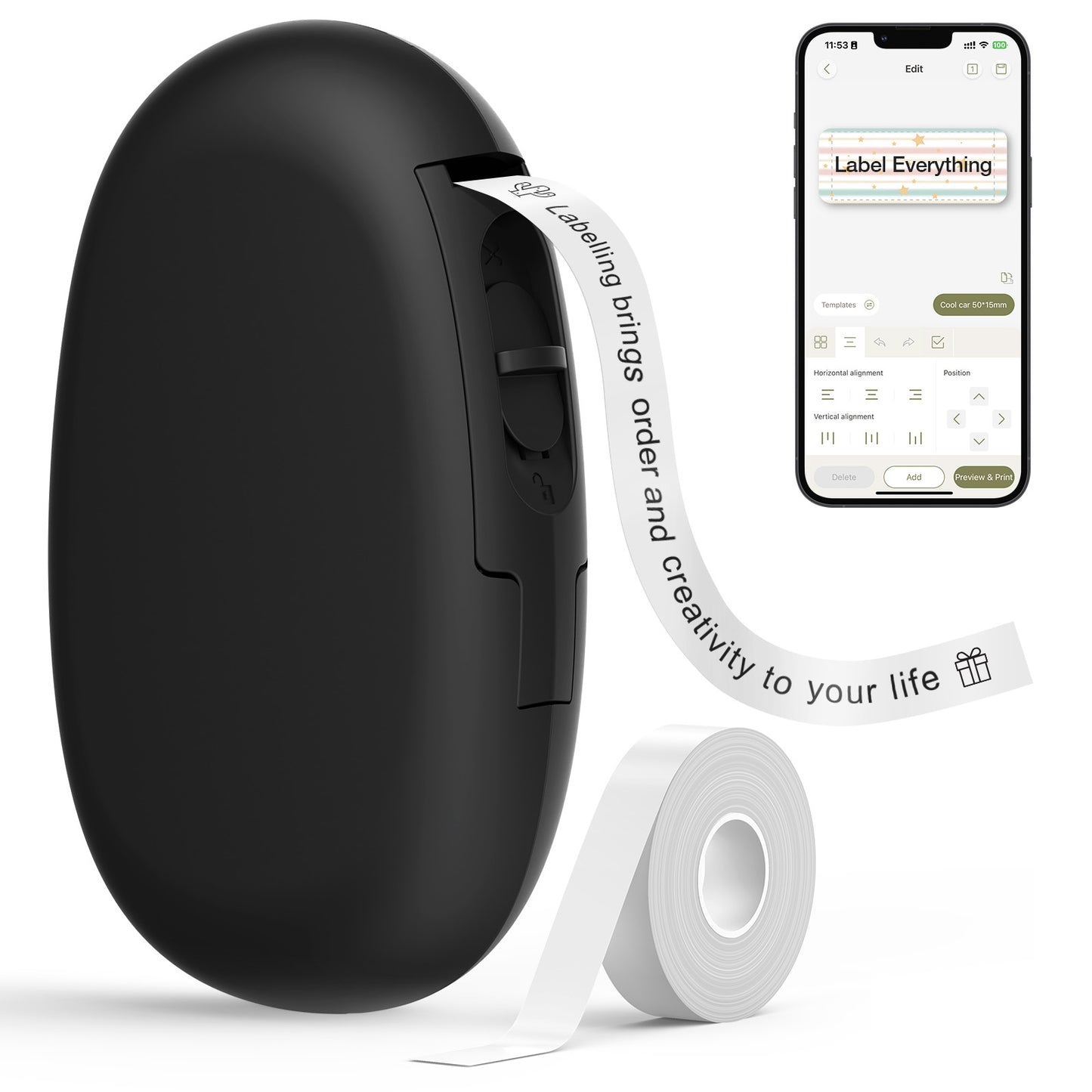 SUPVAN E10 Bluetooth Label Maker Machine with Tape, Black | Fits Continuous & Die-Cut Waterproof Label, Easy App Editing, Rechargeable, Inkless, for School, Home, Kitchen, Office