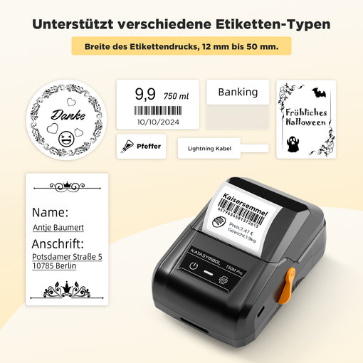 SUPVAN T50M Pro Bluetooth Etikettendrucker mit Etiketten, Breite wasserfeste Etiketten, Vielseitige App mit 30 Schriftarten und über 700 Icons, Etikettiergerät für Einzelhandel, Büro, Organisation