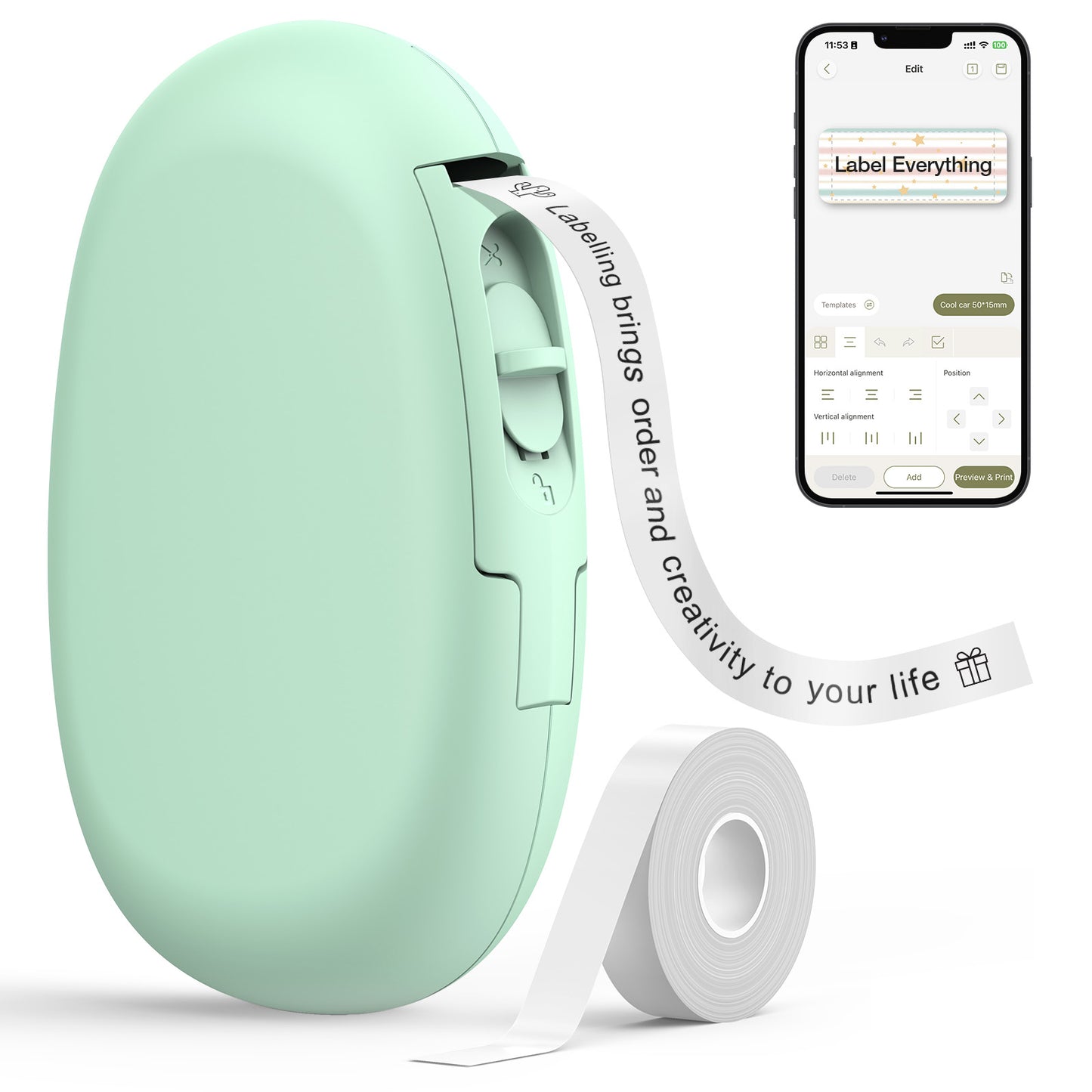 SUPVAN E10 Bluetooth Label Maker Machine with Tape, Green | Fits Continuous & Die-Cut Waterproof Label, Easy App Editing, Rechargeable, Inkless, for School, Home, Kitchen, Office