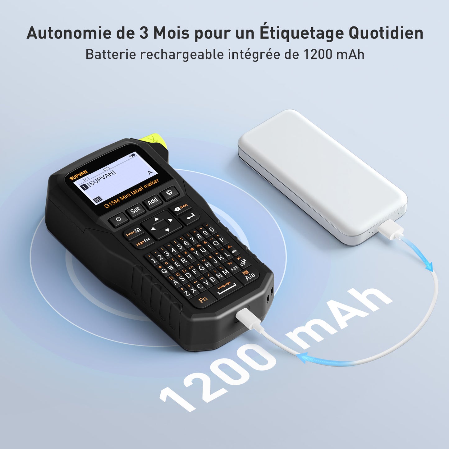 SUPVAN G15M Mini Étiqueteuse Industrielle Portable Rechargeable, inclut Étiquettes Autocollantes Blanches, Résistante aux UV, pour l'extérieur, l'industrie, l'électricien et l'usine