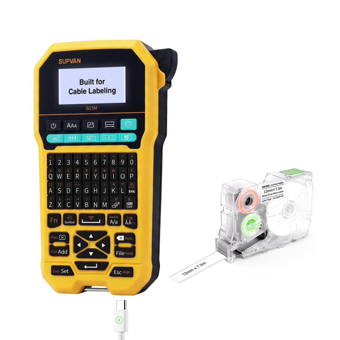 SUPVAN G15M Keyboard & Bluetooth Label Maker Machine with Tape | Heat Shrink & Multi-Labels, Rechargeable, Minimal Margin, 3 Cable Keys, LCD Backlit,Thermal Transfer, Industrial & Office ID