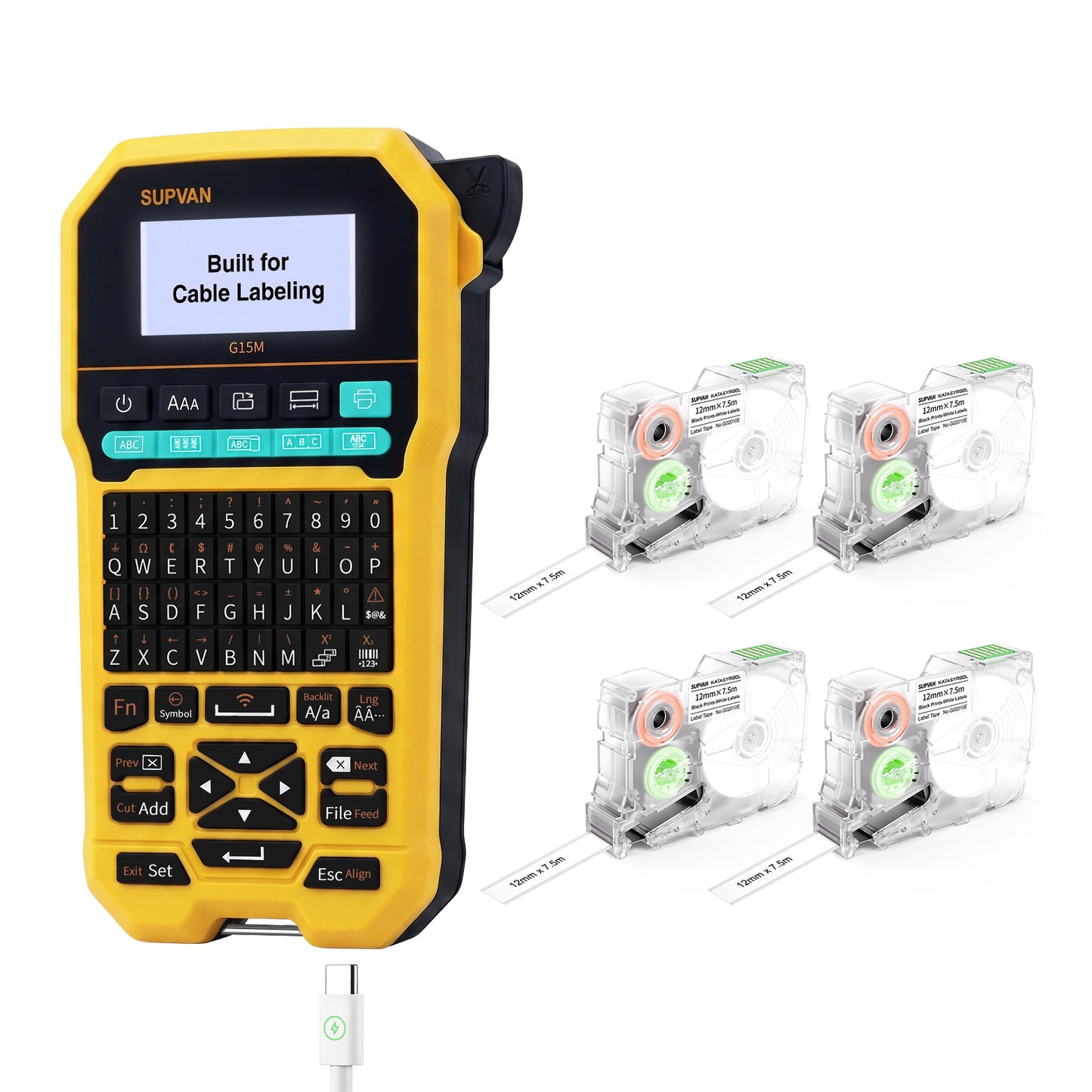 SUPVAN G15M Keyboard & Bluetooth Label Maker Machine with 4 Continuous Tape | Heat Shrink & Multi-Labels, Rechargeable, Minimal Margin, 3 Cable Keys, LCD Backlit,Thermal Transfer, Industrial & Office ID