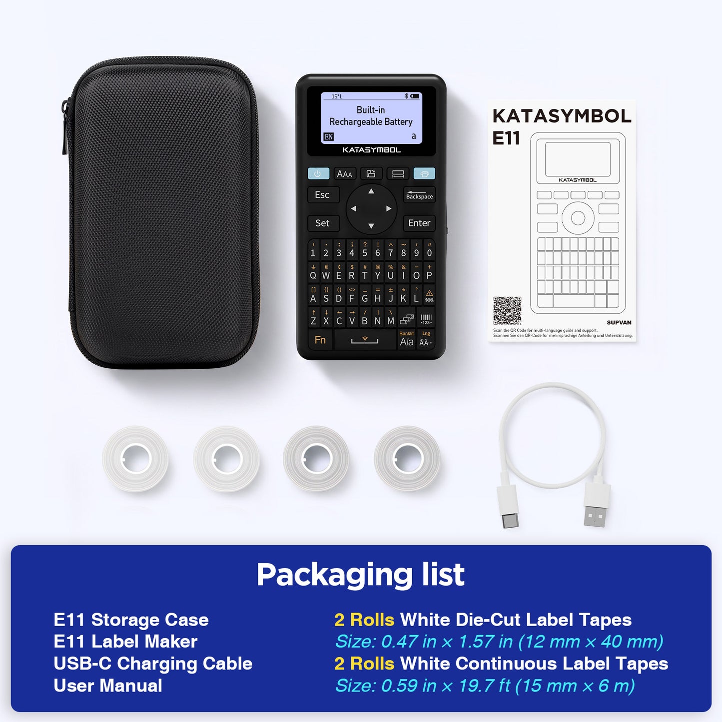 SUPVAN E11 Keyboard & Bluetooth Label Maker with 4 Tapes & Case, Black