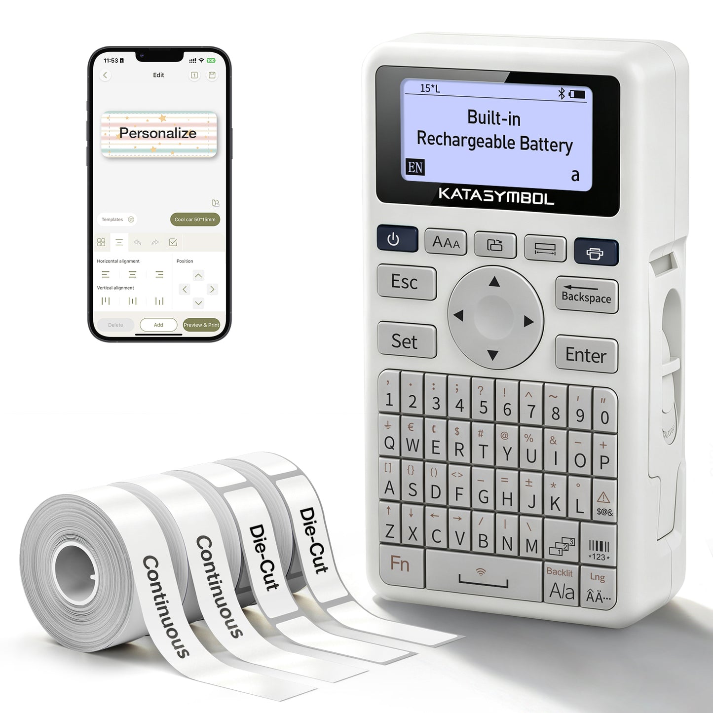 SUPVAN E11 Keyboard & Bluetooth Label Maker Machine with 4 Tapes, Backlit Display, Rechargeable, Versatile App with 30+ Fonts and 660+ Icons, Minimal Margin, for Home, Kitchen, Office, School