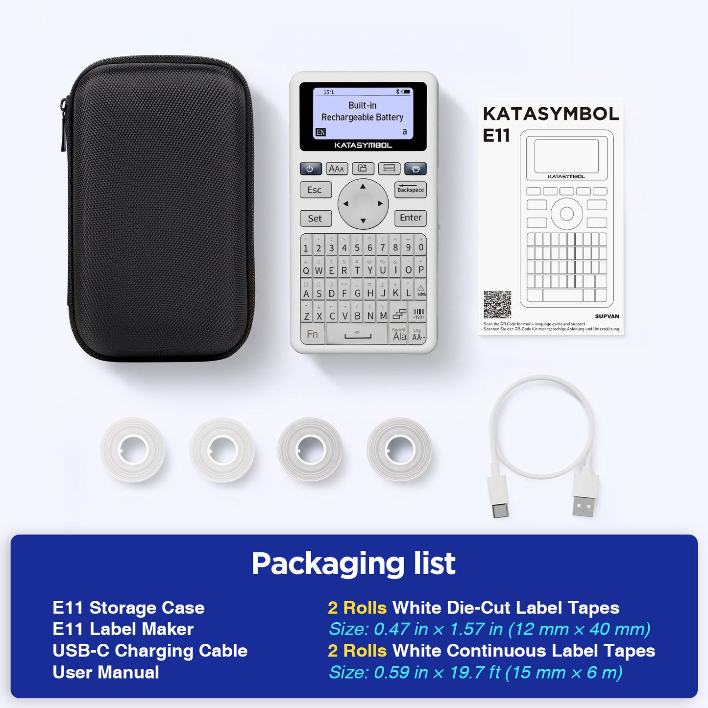 SUPVAN E11 Keyboard & Bluetooth Label Maker with 4 Tapes & Case, White