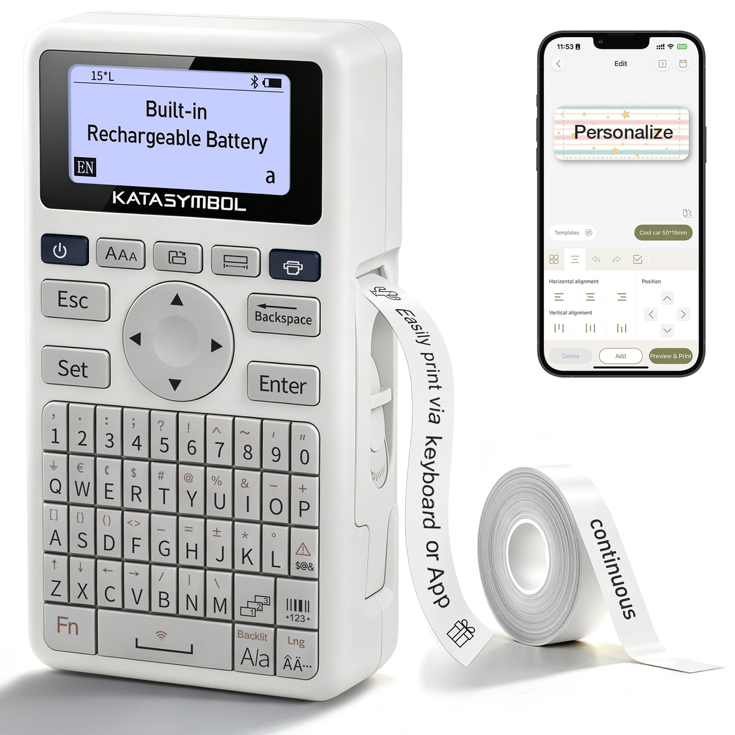 SUPVAN E11 Bluetooth Label Maker Machine with 1 Tape, Backlit Display, Rechargeable, Versatile App with 30+ Fonts and 660+ Icons, Minimal Margin, for Home, Kitchen, Office, School