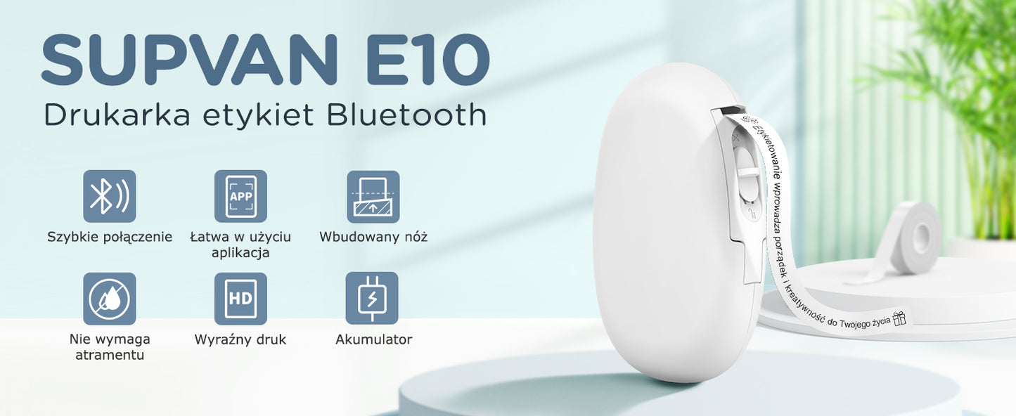 SUPVAN Drukarka Etykiet Bluetooth E10, Samoprzylepna Drukarka Etykiet, Drukarka Termiczna kompatybilna z systemem iOS Android, do domu, biura i małych firm, Biały