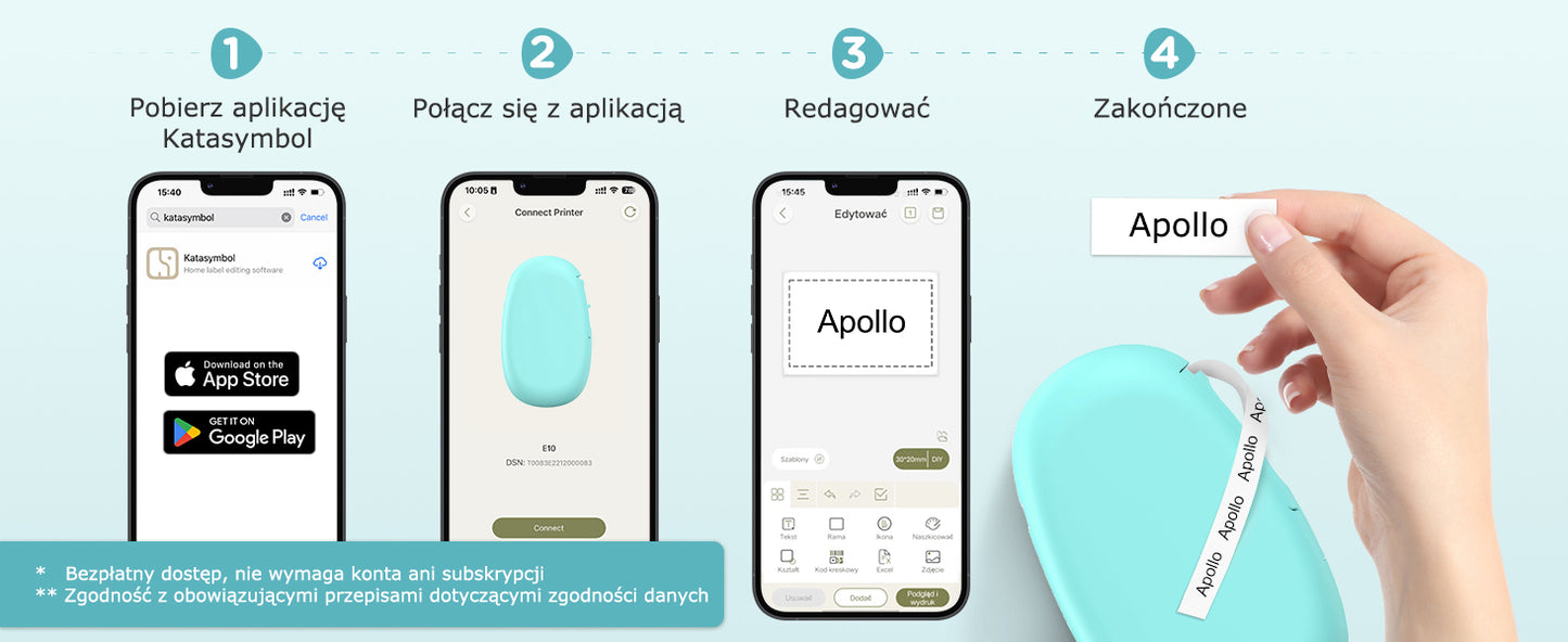 SUPVAN Drukarka Etykiet Bluetooth E10, Samoprzylepna Drukarka Etykiet, Drukarka Termiczna kompatybilna z systemem iOS Android, do domu, biura i małych firm, Cyjan