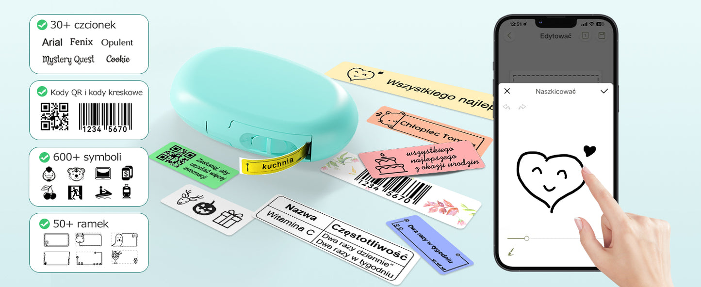 SUPVAN Drukarka Etykiet Bluetooth E10, Samoprzylepna Drukarka Etykiet, Drukarka Termiczna kompatybilna z systemem iOS Android, do domu, biura i małych firm, Cyjan