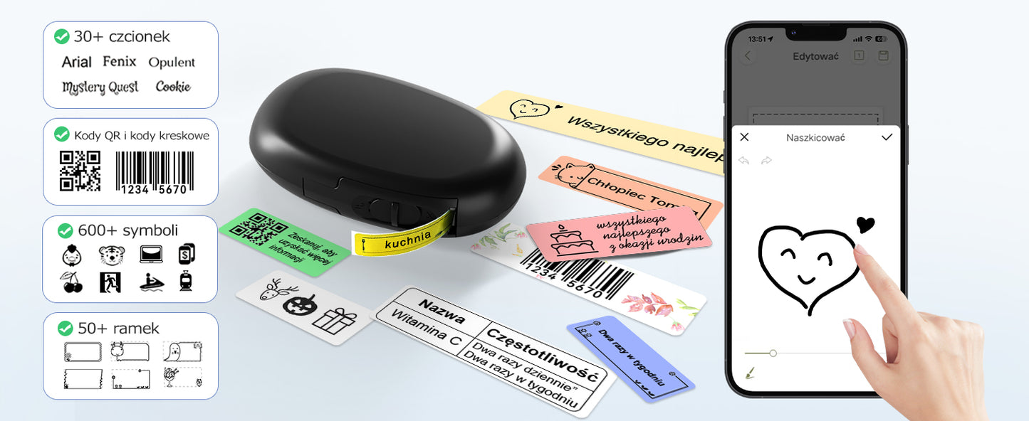 SUPVAN Drukarka Etykiet Bluetooth E10, Samoprzylepna Drukarka Etykiet, Drukarka Termiczna kompatybilna z systemem iOS Android, do domu, biura i małych firm, Czarny