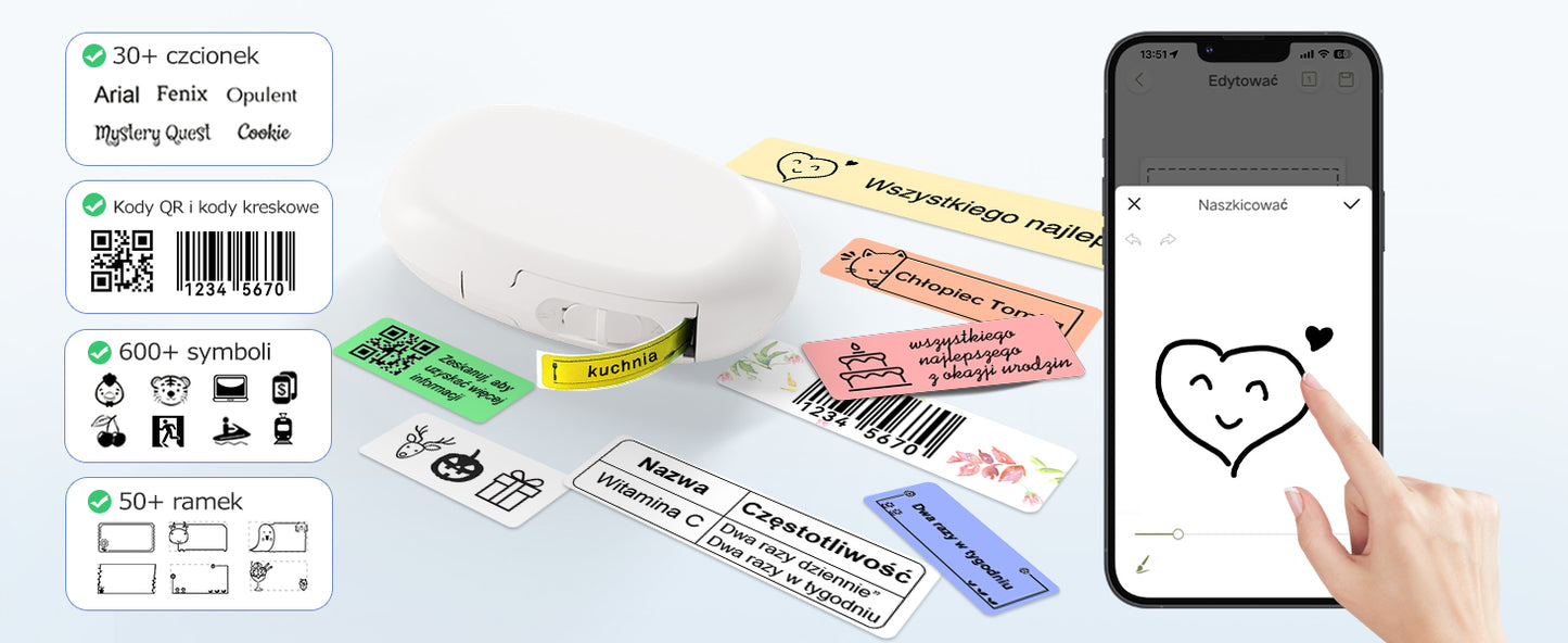 SUPVAN Drukarka Etykiet Bluetooth E10, Samoprzylepna Drukarka Etykiet, Drukarka Termiczna kompatybilna z systemem iOS Android, do domu, biura i małych firm, Biały
